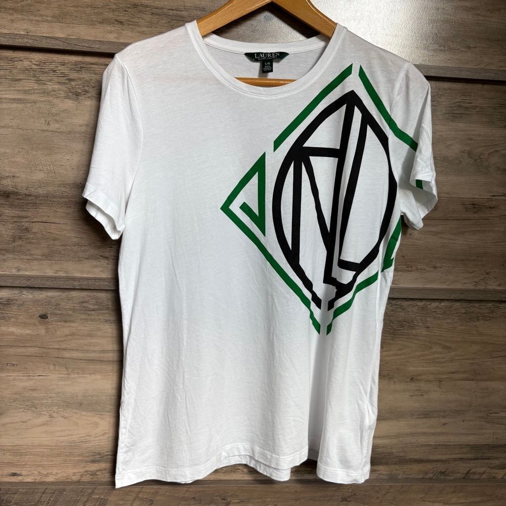 LRL Lauren Ralph Lauren L Green White Tee Blouse Top Preppy Boardwalk Luxury